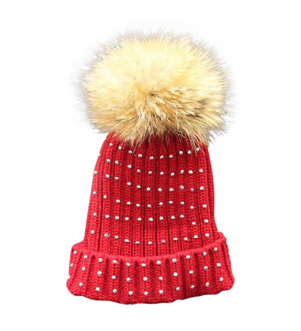 Binmer(TM) Bling Women Winter Crochet Hat Fur Knitted Wool Beanie Warm Cap - Wine Red - CC12N123SAD