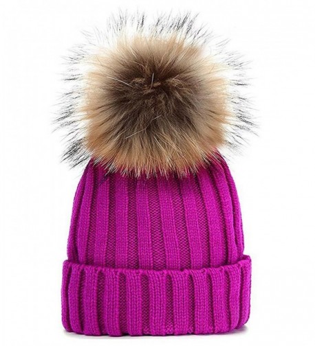 GuoMan Womens Girls Winter Fur Hat Real Large Raccoon Fur Pom Pom Beanie Winter Hats - Rose Red - CW183MUNTY4