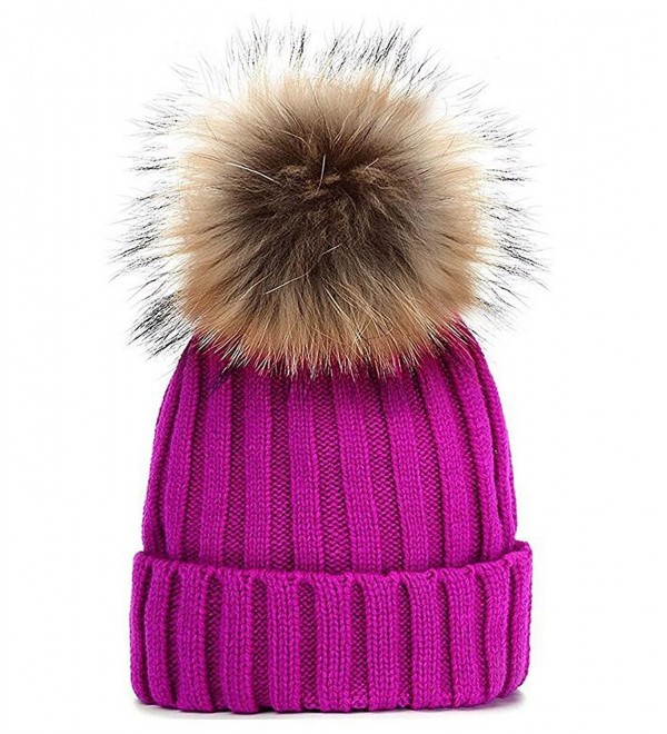 GuoMan Womens Girls Winter Fur Hat Real Large Raccoon Fur Pom Pom Beanie Winter Hats - Rose Red - CW183MUNTY4
