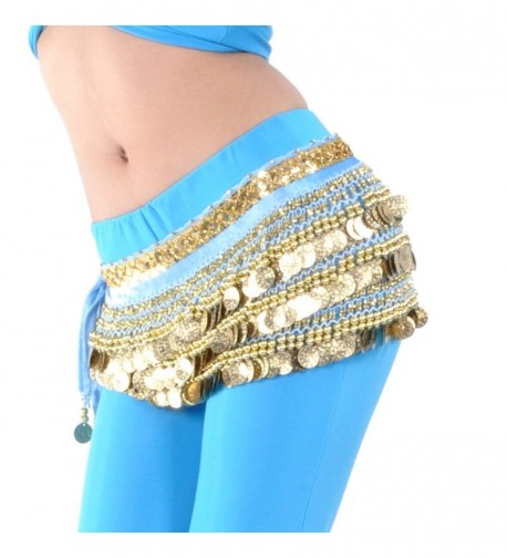 BellyLady Multi-Row Gold Coins Belly Dance Skirt Wrap & Hip Scarf- Gift Idea - Lake Blue - CL12F7TL3VZ