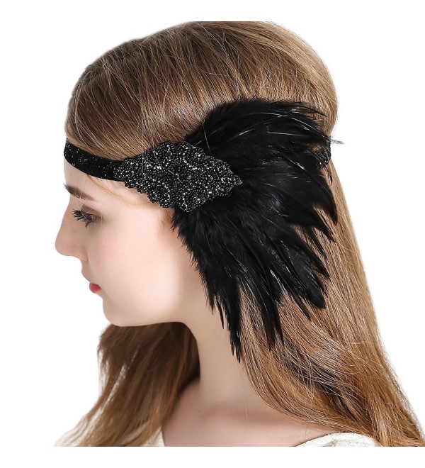 Vintage Flapper Headband 1920s Art Deco Gatsby Feather Headpiece - Black1 - C51867Z5YLZ