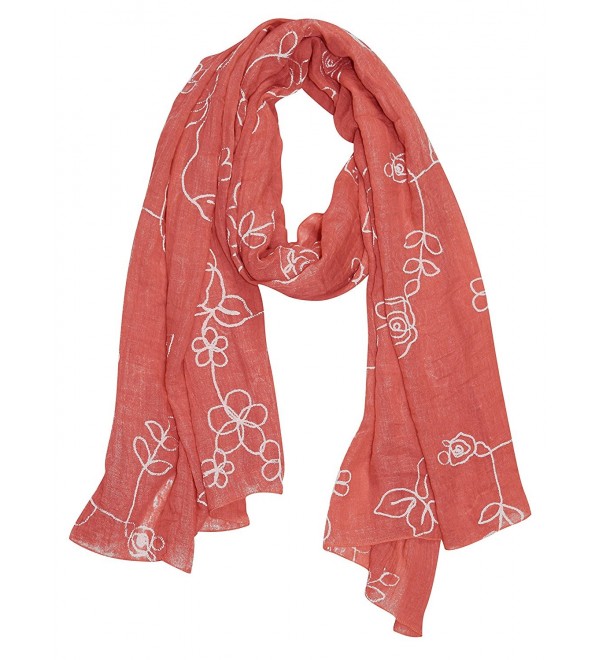 Peach Couture Sheer Soft Cloth Floral Embroidered Flower Summer Shawl Scarf Wrap - Rose Coral - CB126UCF8TL