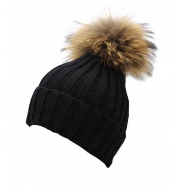 Gellwhu Women Winter Real Fur Pom Pom Knit Slouchy Beanie Hat for Men Girls Boys - Black - CQ128I32SON