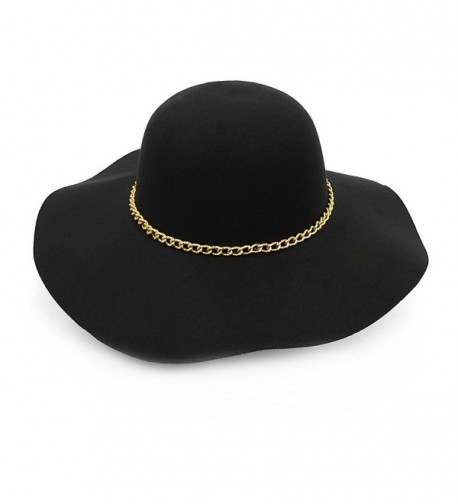 Women's Felt Wide Brim Floppy Fedora Hat With Gold Tone Chain Band - Black - CS12O3XBYLT