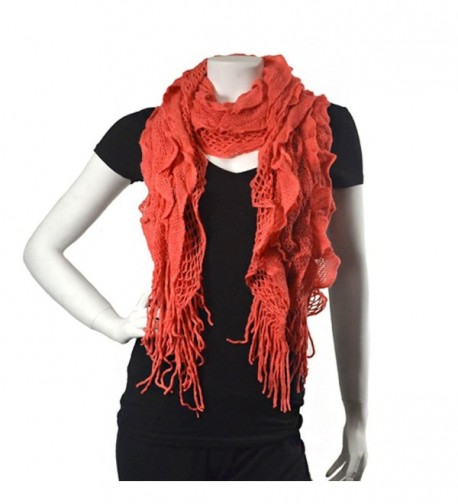 Purse babe Womens Net Chain Knitted Chunky Curly Scarf shawl With Lace And Fringe - Coral - C311QIFRWD1