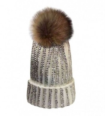 MIOIM Womens Girls Raccoon fur Big Pom Pom Beanie Diamante Knitted Bobble Hat - White - CA188L0G5ZK