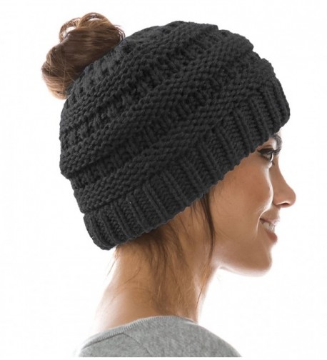 Sox Market Warm Cable Knit Trendy Messy Ponytail Fashion Bun Hat - Black - CS18602SNXY