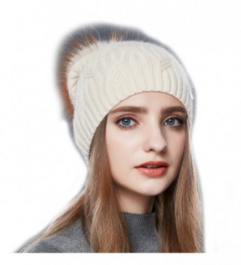 URSFUR Wool Knit Slouchy Bobble Cap Unisex Winter Beanie Hat with Fur Ball Pom - Beige - CC1867X9OLK