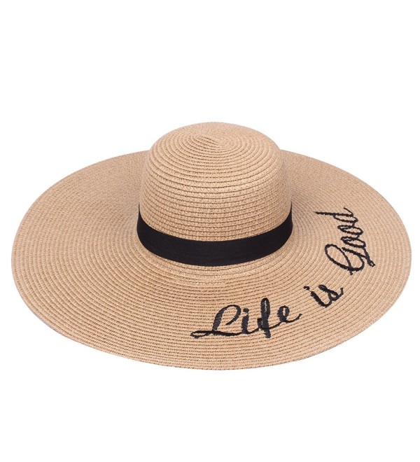 Embroidered Sun Floppy Hat - Life is Good- Khaki - C312LF4OYC1