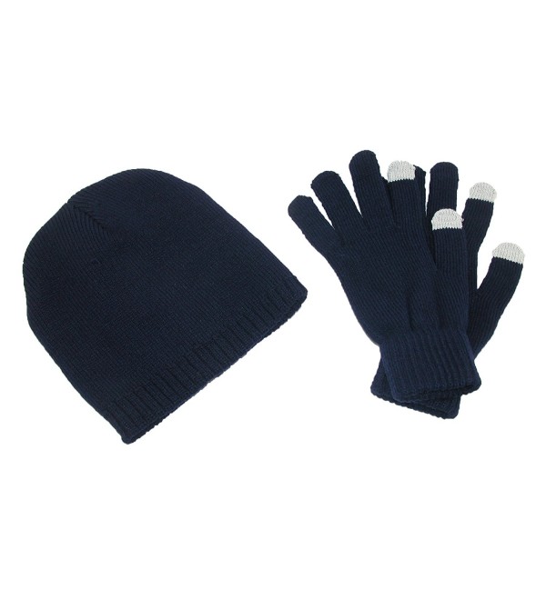 CTM Men's Solid Beanie and Touch Screen Gloves Winter Set - Navy - CL11QLHQ81N