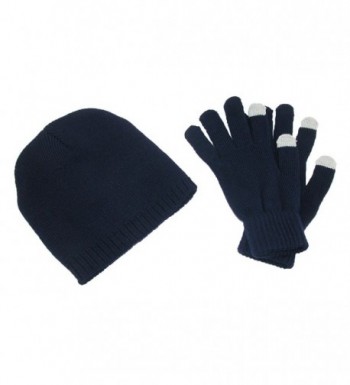 CTM Men's Solid Beanie and Touch Screen Gloves Winter Set - Navy - CL11QLHQ81N