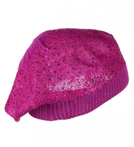 Sequin Nylon Stretchable Beret Magenta in Women's Berets