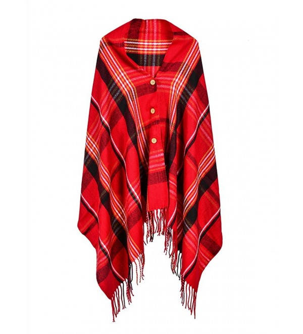 Choies Women's Plaid Print Button Fringed Shawl Cape Wrap Scarf - Red-plaid - C4186TY0YUI