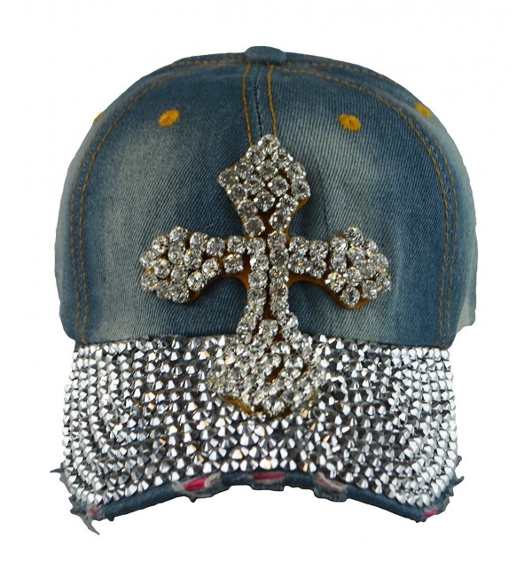 Woman Vintage Look Baseball W/Rhinestones Hat Printing snapback Cap Denim Blue - Cross2 - CN124IHHCI5