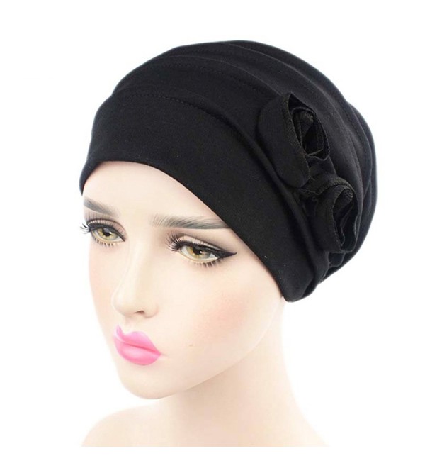 Raylans Womens Two Flowers Turban Drape Bonnet - Black - CD17Y0377YO