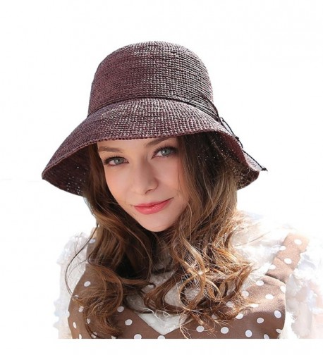 RIONA Women's Summer Hand-Woven Foldable Wide Brim Fisherman 100% Raffia Straw Sun Hat - Coffee - CS183RDGQL0