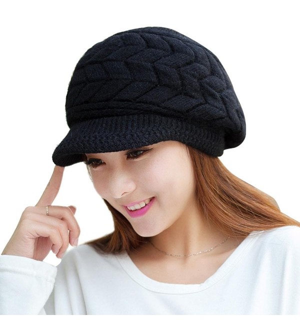 SMYTShop Winter Hats for Women Outdoor Warm Knit Snow Ski Crochet Knitted Hats Skull Cap with Visor - Black - CV187G3LKT7