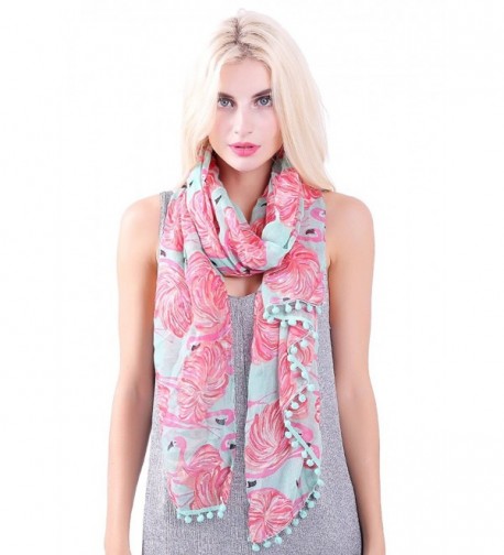 MissShorthair Flamingo Print Scarf with Tassels for Women - 1 Turquoise - CH12NRGC094