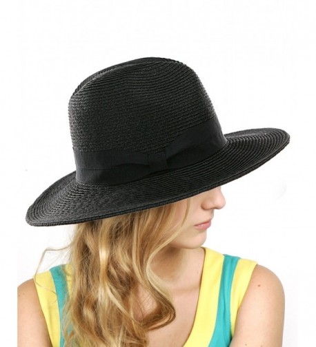 NYFASHION101 Lightweight Solid Color Band Braided Panama Fedora Sun Hat - Black - CO11WWYHFB1