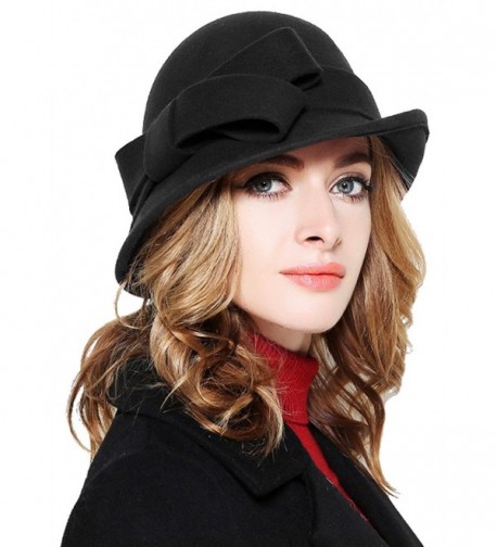 Bellady Women Solid Color Winter Hat 100% Wool Cloche Bucket With Bow Accent - Black - CG12NSJLIL5