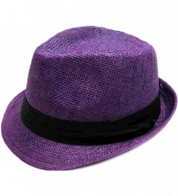 Hemantal Men/Women Classic Lightweight Straw Fedora Hat w/Band - Assorted Colors - Purple - CB180ELEU4D