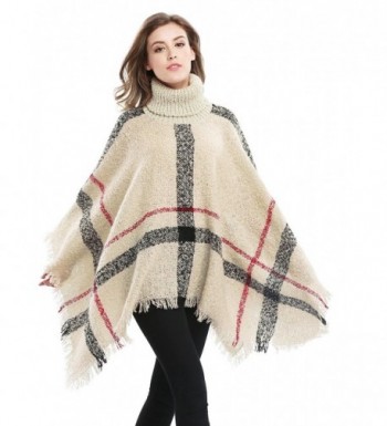 Bellady Women's High Collar Batwing Tassels Poncho Cape Winter Knit Sweater Cloak - Beige - CX1261ZJZJV