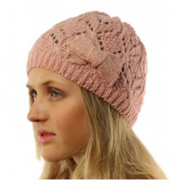 Ladies Girls Teens Winter Shimmer Ribbon Bow Knit Beanie Skull Hat Cap Ski - Pink - CU11T2SESFV