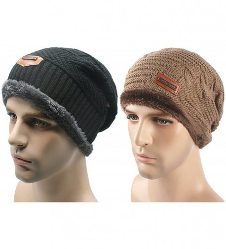 Toptim Mens Soft Lined Thick Skull Cap Unisex Warm Winter Beanies Hat - Black and Khaki - CB188TQGSZM