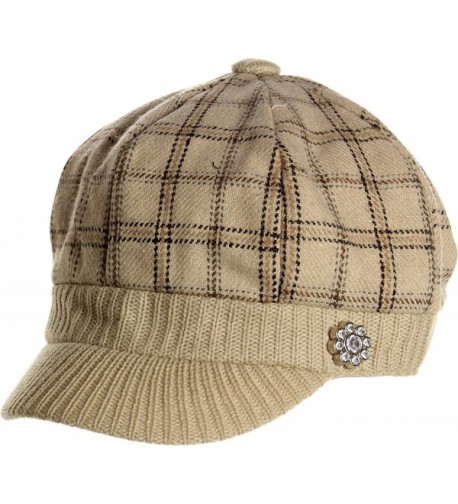 AN Women's Spring Summer Plaid Rhinestone Flower Cabbie Hats - Beige - C1118SPW0LD