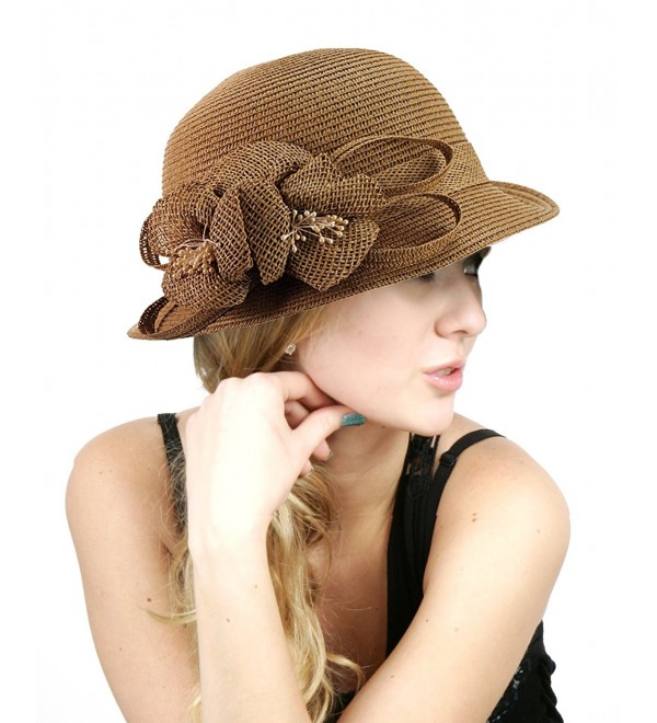 NYFASHION101 Side Flip Cloche Bucket Hat w/Woven Flower & Ribbon Accent- Coffee - CF11W826V4T