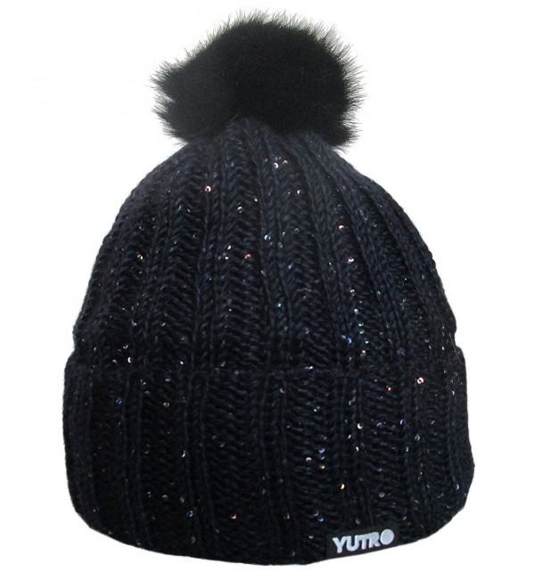 Yutro Fashion Sequined Beaded Wool Winter Hat with Rabbit Pom - Dark Navy Blue - CP11OVS50OF