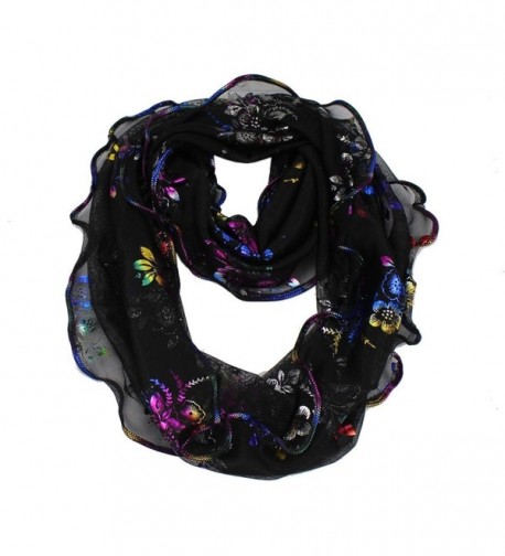 Women's Golden Glitter Rainbow Flowers Print Infinity Loop Cowl Casual Ladies Scarf - Black - C911AUQW8NH