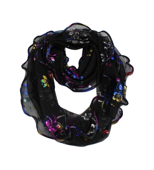 Women's Golden Glitter Rainbow Flowers Print Infinity Loop Cowl Casual Ladies Scarf - Black - C911AUQW8NH