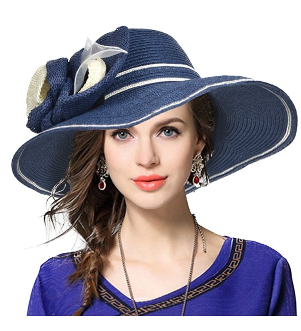 VECRY Kentucky Derby Church Dress Wedding Straw Beach Sunhat W205 - Navy - CN17YUWWK38