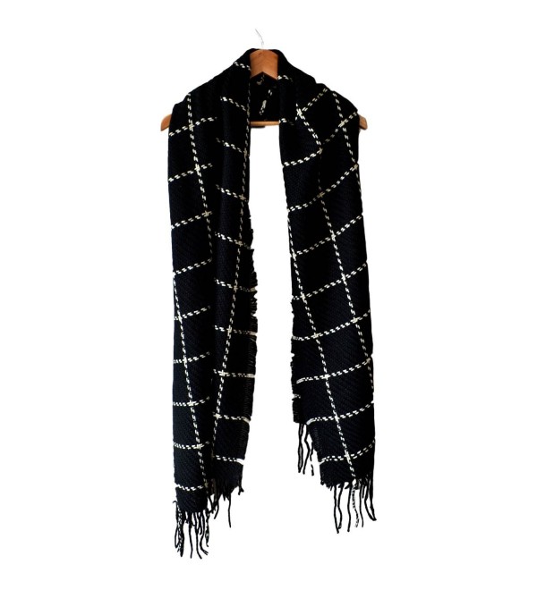 LARRONKETY Women's Fashion Long Shawl Big Grid Winter Warm Large Knit Thicken Tassel Scarf - Black - CB187ECUOX8