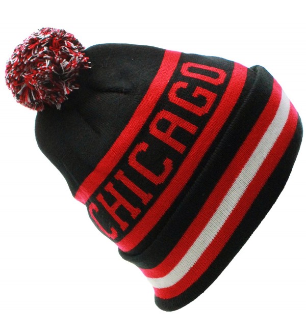 US Cities USA Favorite City Cuff Winter Beanie Knit Pom Pom Hat Cap - Chicago - Black Red - CV11Q2TZI25