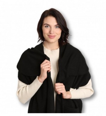 Pembrook Polar Fleece Shawl Wrap Pashmina Scarf - Fringe Trim and Embroidery - Black - C411N1BYU0N