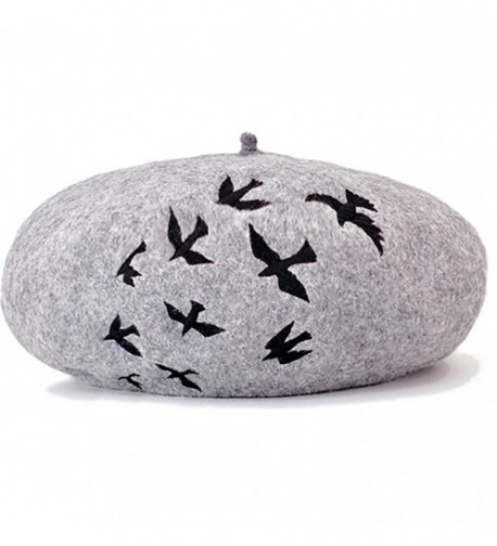 Silky Affection Lady French Beret- Beanie Hat- Beanie Cap- Soft Wool- Handmade - Grey Hat With Black Birds - CK17YEGO3MU