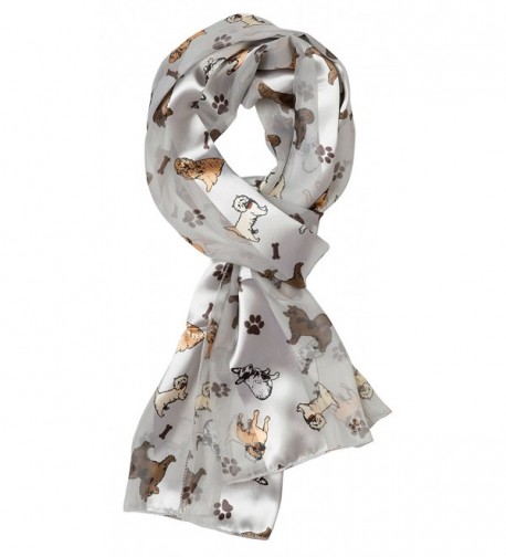 Plum Feathers Various Cute Wildlife & Pet Print Silky Satin Scarf - Silver With Puppies - CO11T6HM1PR
