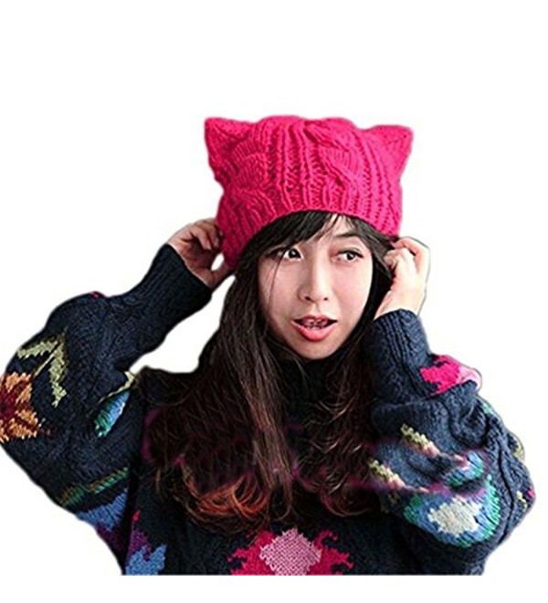 ALLDECOR Handmade Knitted Pussy Cat Ear Beanie Hat For Women's March Winter Warm Cap - Rose Red - CW189H443SK