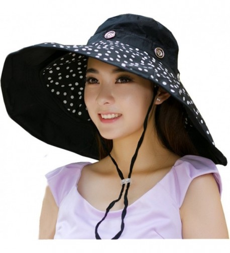 Packable Extra Large Brim Floppy Sun Hat Reversible UPF 50+ Beach Sun Bucket Hat - Black-Dot - CO12IBB4MIR