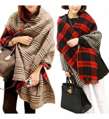 HP95(TM) Womens Oversized Winter Warm Plaid Striped Shawl Wrap Scarf with Fringe - Red - CZ126HODWNL