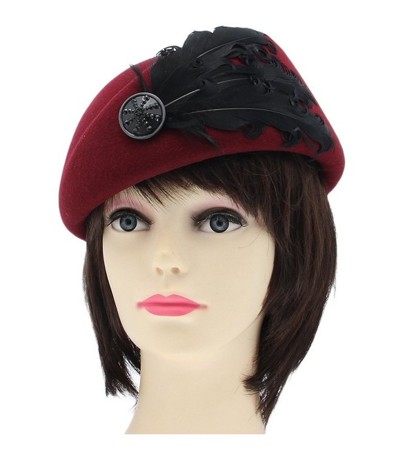 YueLian Solid Color Feather Women Petrine French Wool Beret Church Fedora Ski Beanie Hats Cap - Wine Red - CX125LC4HIT