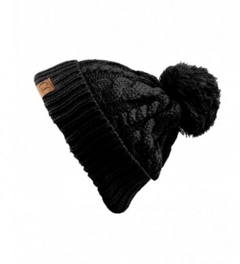 NYFASHION101 Cable Knit Winter Warm Top Soft Large Pom Pom Cuff Beanie Hat - Black - CR11QA6FAYJ