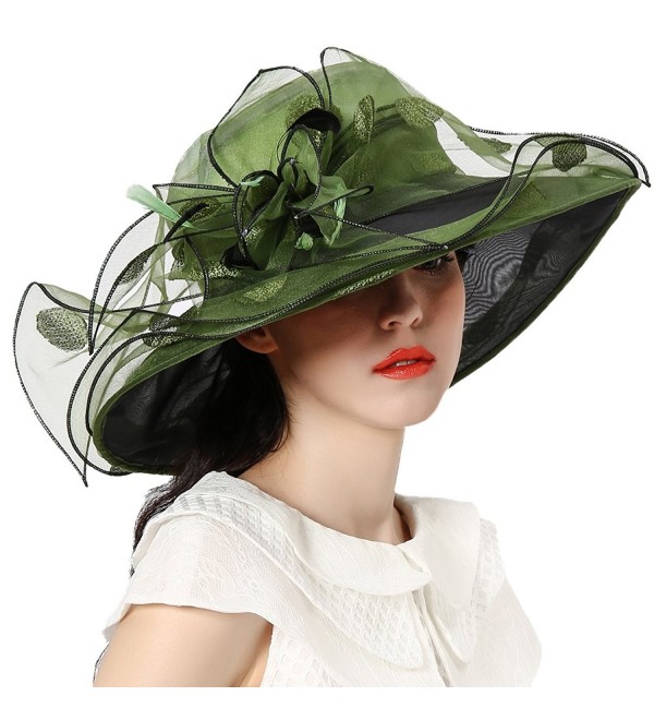 June's Young Women Race Hats Organza Hat with Ruffles Feathers - Blackish Green Polka Dot - C612EWLUUH7