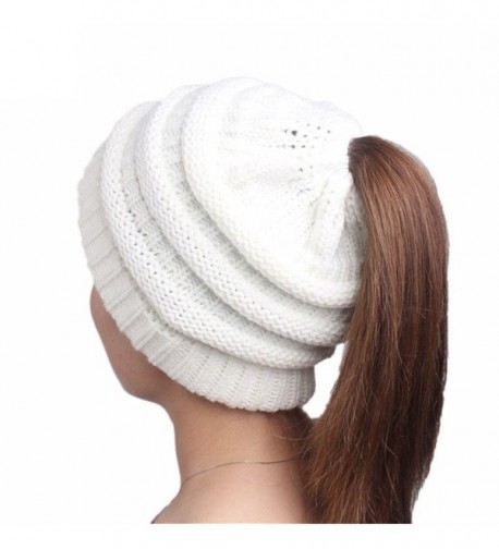 H_US000 HS Women Winter Warm Knit Soft Slouchy Beanie Hats Braided Hat With Holes Ponytail Hat (White) - CG188X85ZHN