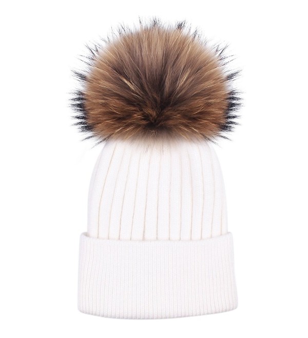 Womens Winter Knitted Pom Beanie Bobble Raccon Pom Pom Hat beanie for girls - White - C21884KADSA