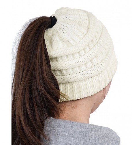 HENCY Women's Beanie Hat Soft Stretch Cable Knit Messy High Bun Ponytail Warm Skullies Cap - White - CY1889EWO4T