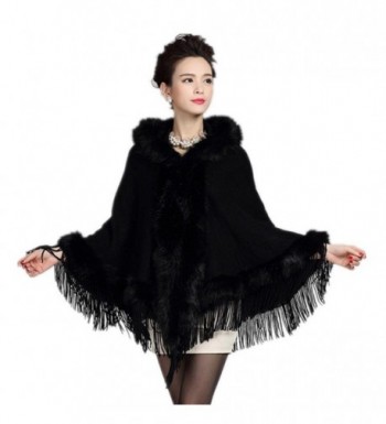 Saikey Tassel Faux Rabbit Fur Batwing Sleeve Warm Coat Knitted Hoodie Cape Shawl - Black - CU12LOA1FV3
