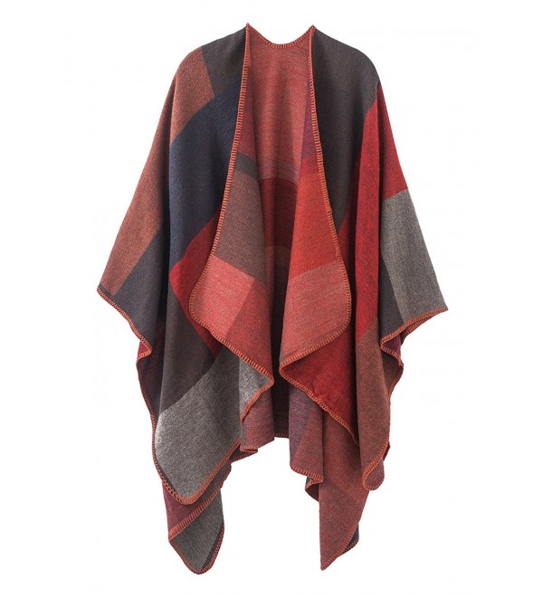 Women's Color Block Shawl Wrap Open Front Poncho Cape Red C5128S6M4UN